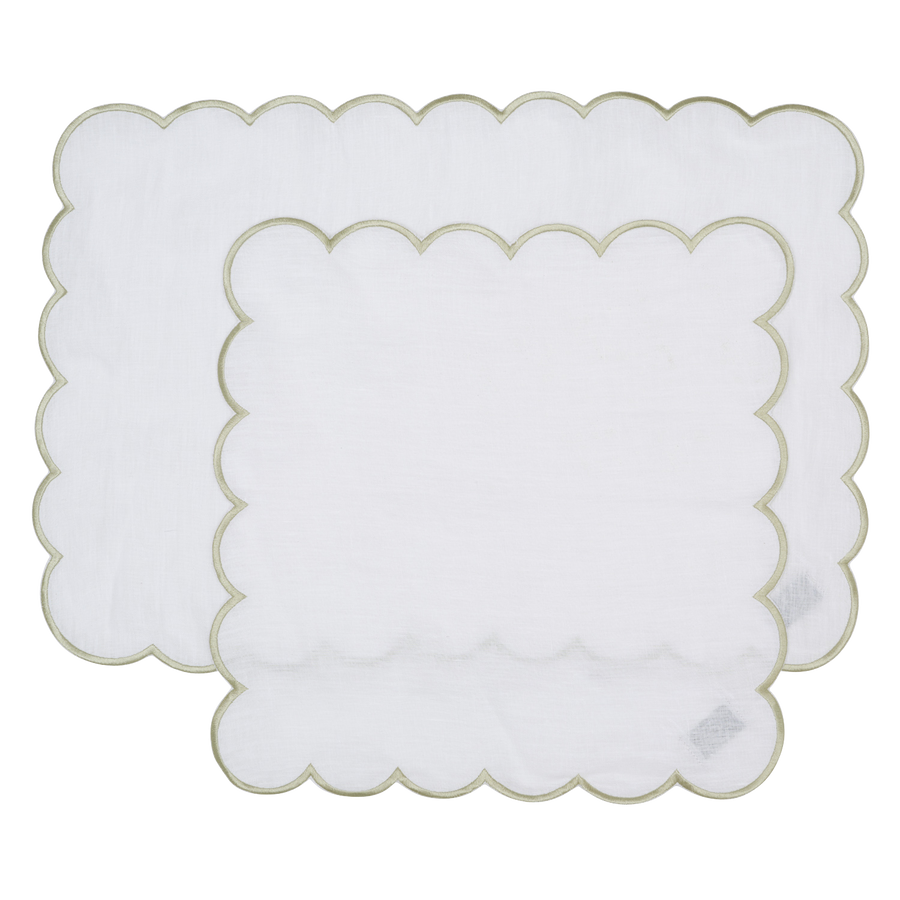 White and Sage Scalloped Napkin and Placemat Set - Set of 4