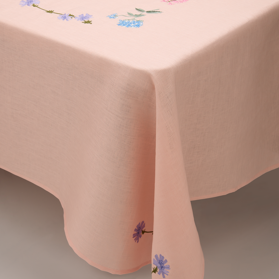 Pink Linen and Floral Embroidered Tablecloth