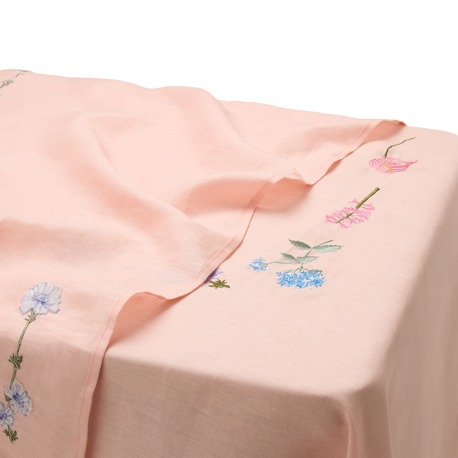 Pink Linen and Floral Embroidered Tablecloth