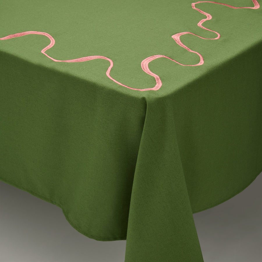 Green Linen Tablecloth with Pink Embroidered Squiggle