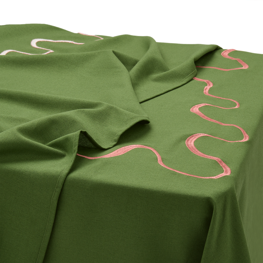 Green Linen Tablecloth with Pink Embroidered Squiggle