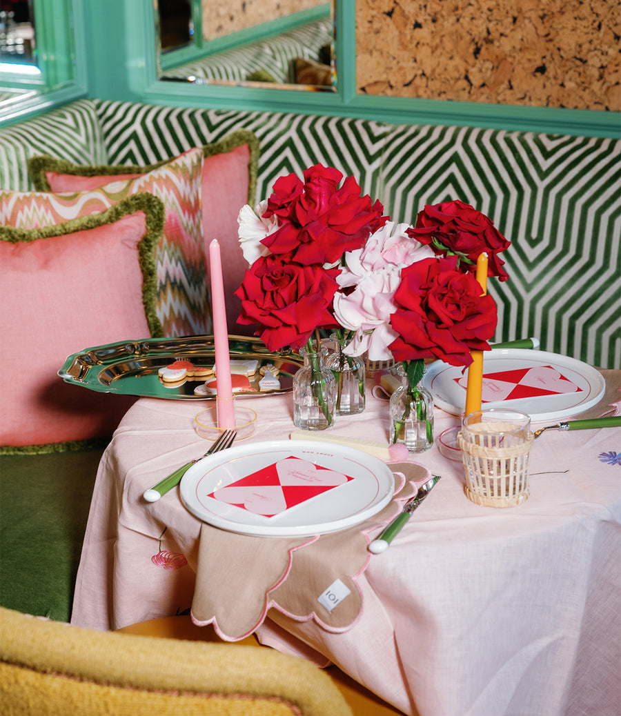 Pink Linen and Floral Embroidered Tablecloth