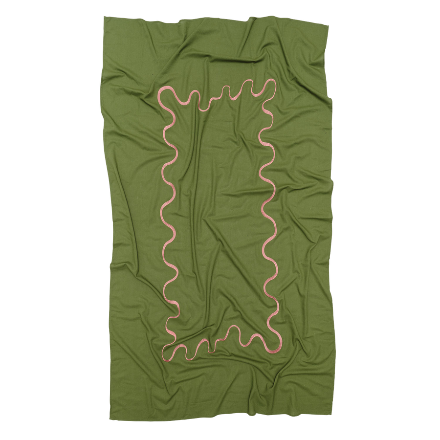 Green Linen Tablecloth with Pink Embroidered Squiggle