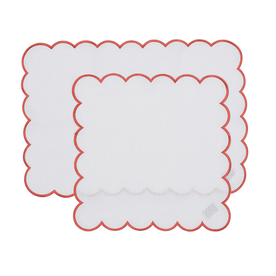 White and Red Scalloped Napkin and Placemat Set - Set of 4