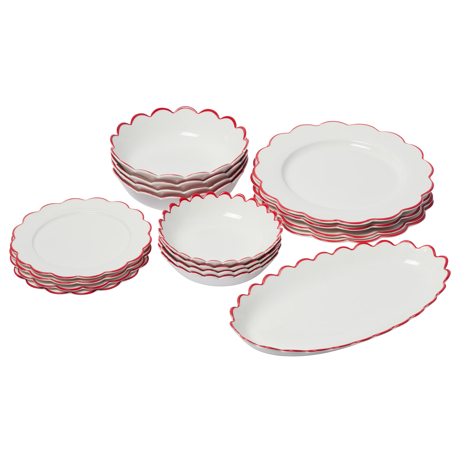 Red Edge White Scallop Dining Set - 17 pieces