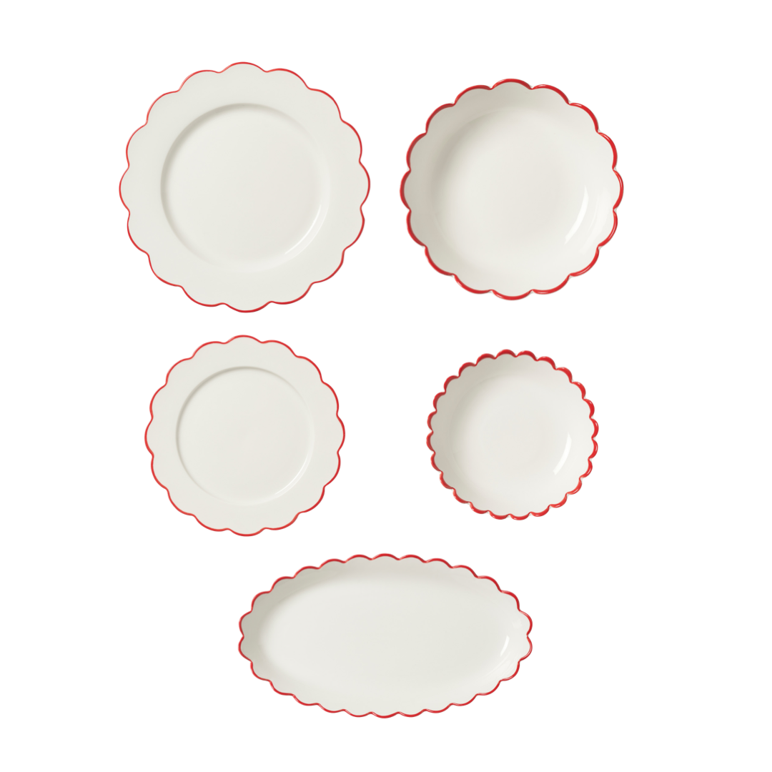 Red Edge White Scallop Dining Set - 17 pieces