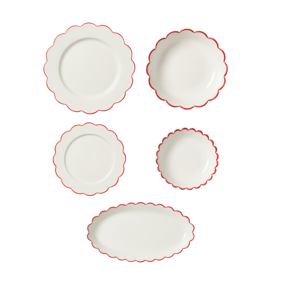 Red Edge White Scallop Dining Set - 17 pieces