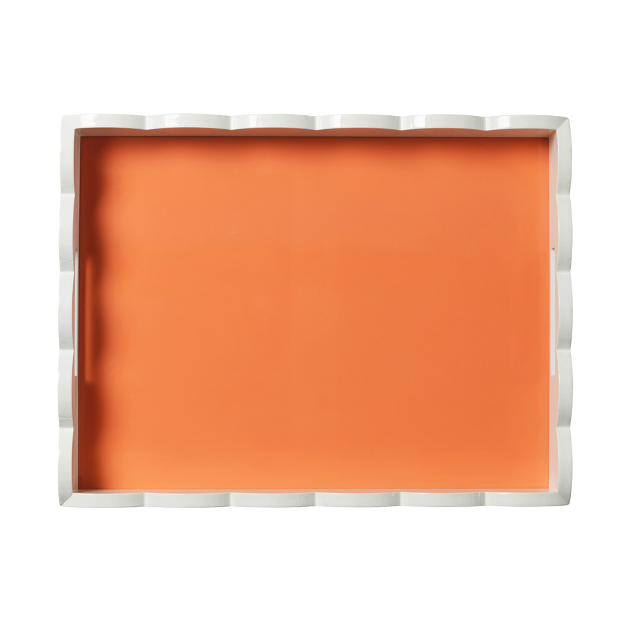Large Rectangular White and Apricot Scalloped Tray