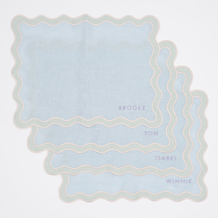 Pale Blue and Mint Personalised Scallop Placemat Set